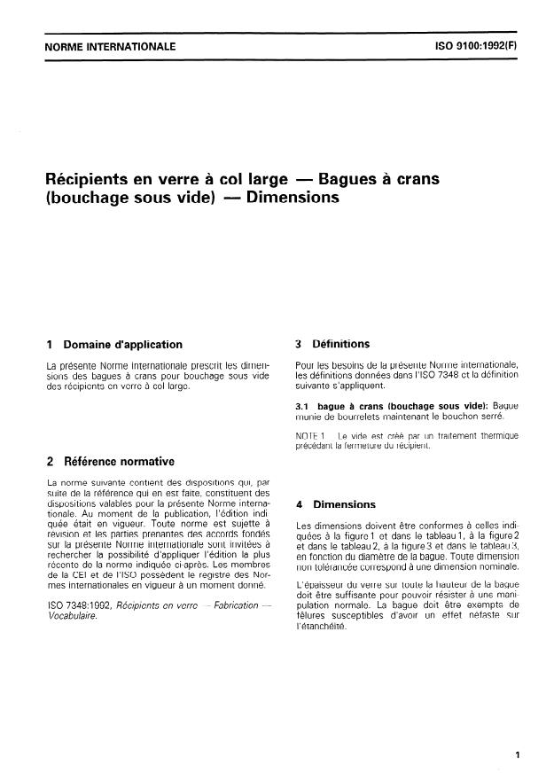 ISO 9100:1992 - Récipients en verre a col large -- Bagues a crans (bouchage sous vide) -- Dimensions