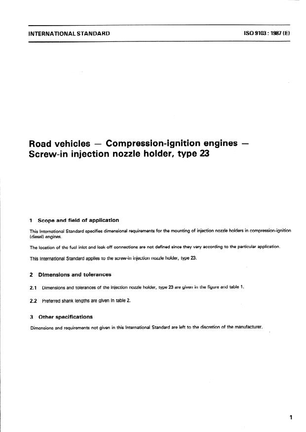 ISO 9103:1987 - Road vehicles -- Compression-ignition engines -- Screw-in injection nozzle holder, type 23