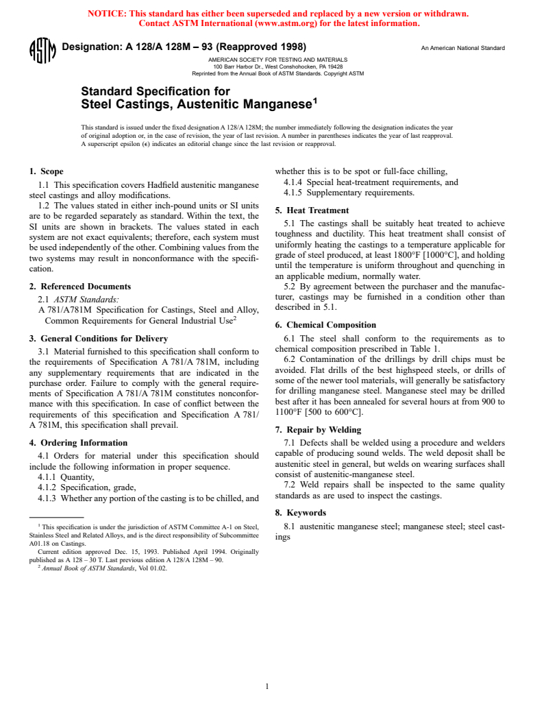 ASTM A128/A128M-93(1998) - Standard Specification for Steel Castings, Austenitic Manganese