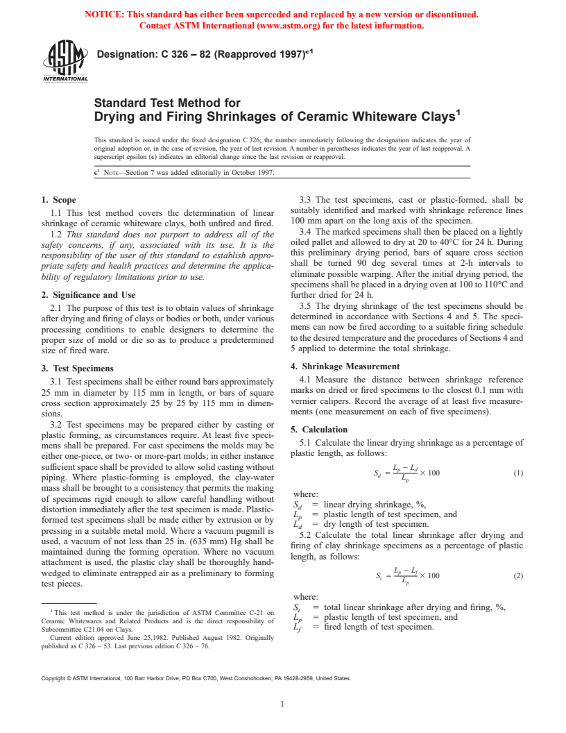 ASTM C326-82(1997)e1 - Standard Test Method for Drying and Firing Shrinkages of Ceramic Whiteware Clays