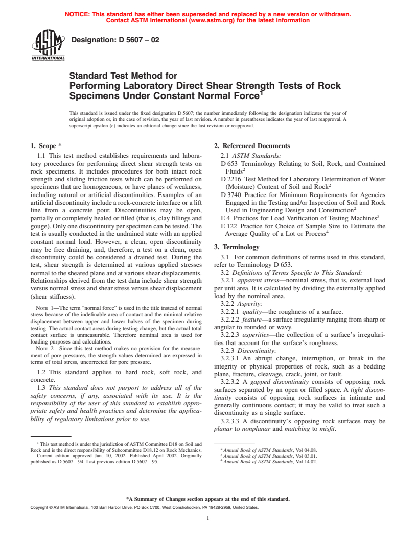 ASTM D5607-02 - Standard Test Method for Performing Laboratory Direct Shear Strength Tests of Rock Specimens Under Constant Normal Force