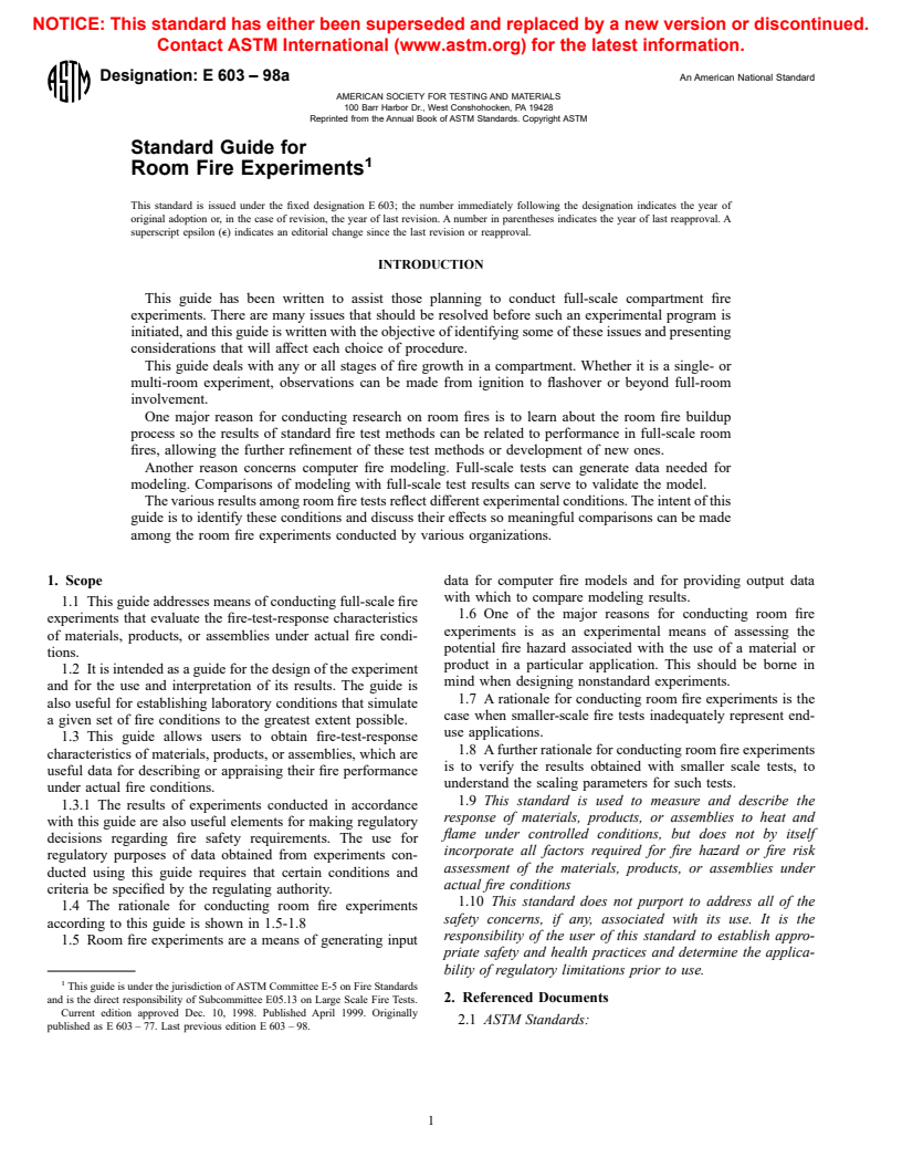 ASTM E603-98a - Standard Guide for Room Fire Experiments