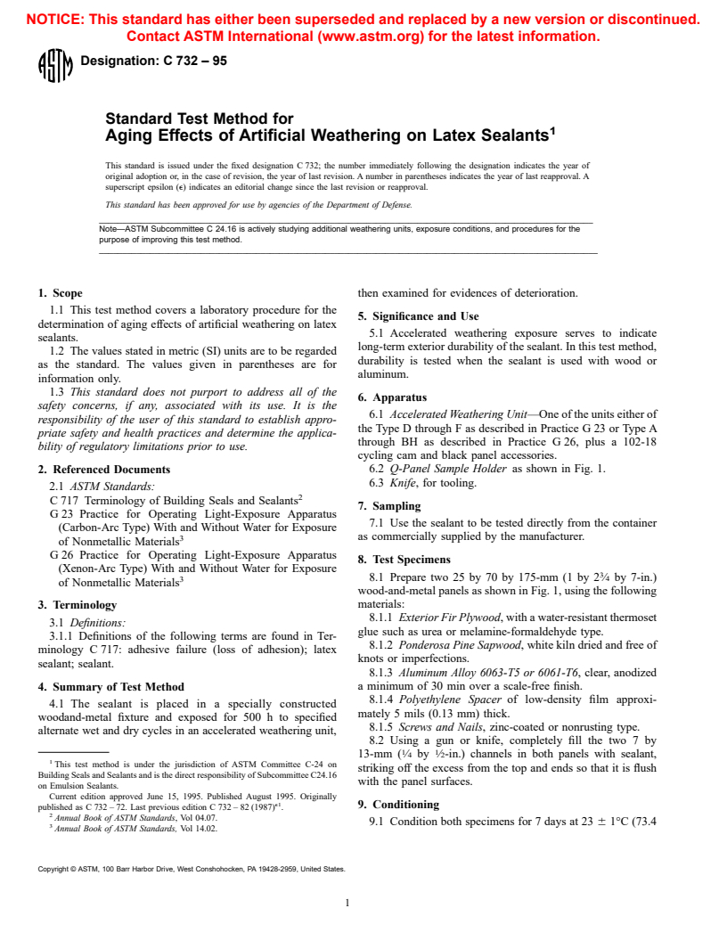 ASTM C732-95 - Standard Test Method for Aging Effects of Artificial Weathering on Latex Sealants