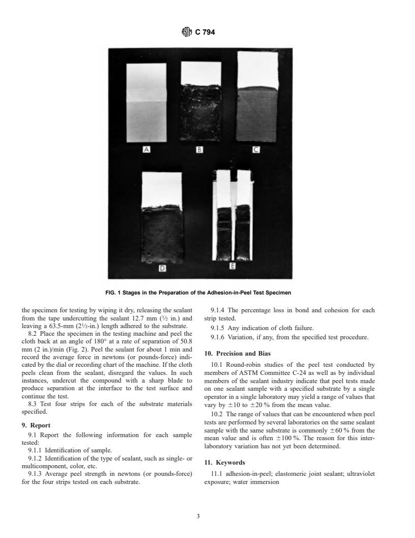 ASTM C794-93 - Standard Test Method for Adhesion-in-Peel of Elastomeric Joint Sealants