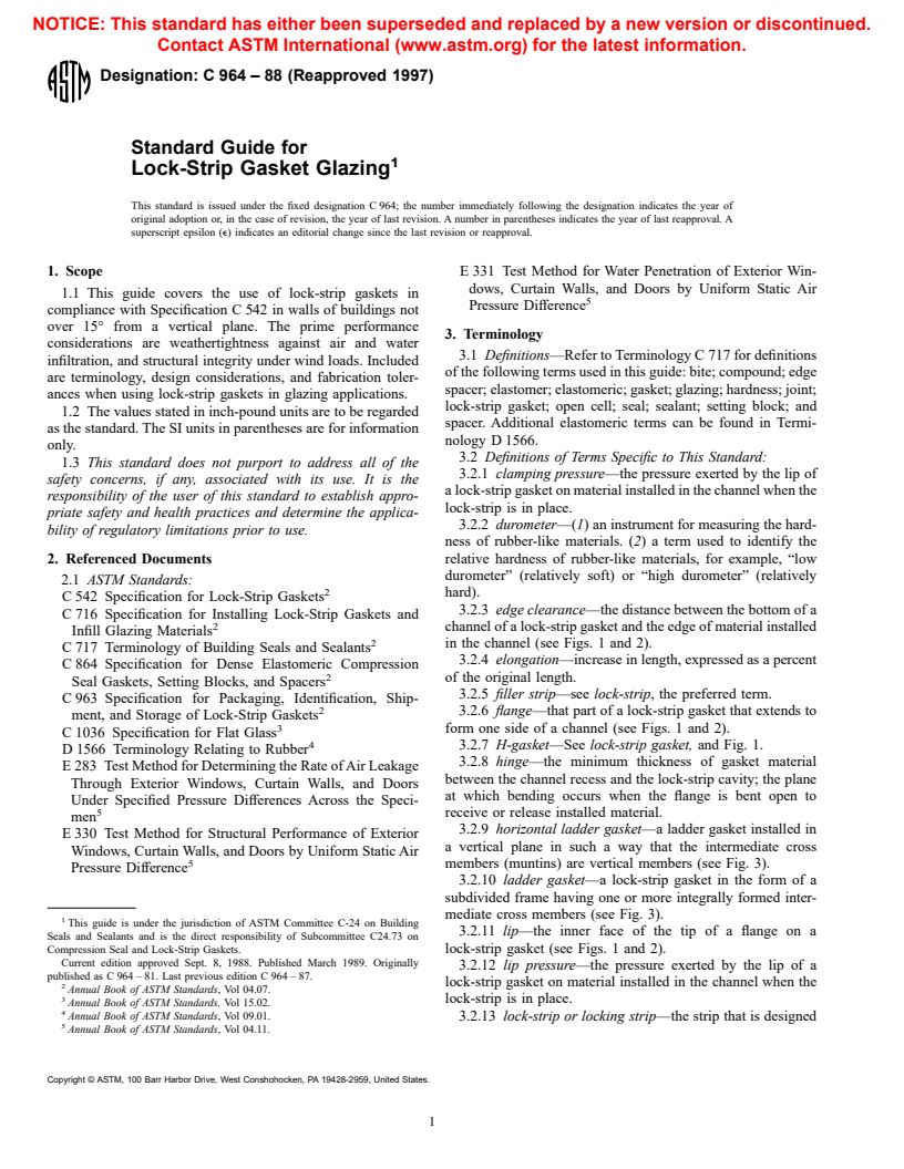 ASTM C964-88(1997) - Standard Guide for Lock-Strip Gasket Glazing