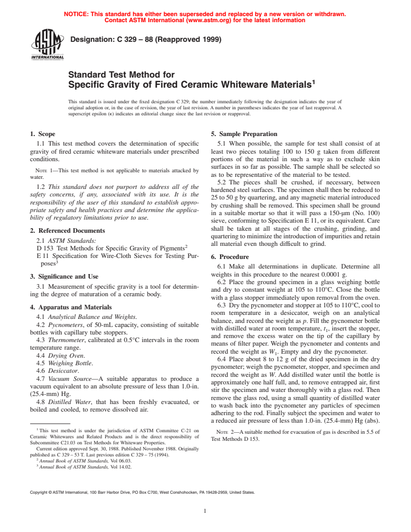 ASTM C329-88(1999) - Standard Test Method for Specific Gravity of Fired Ceramic Whiteware Materials