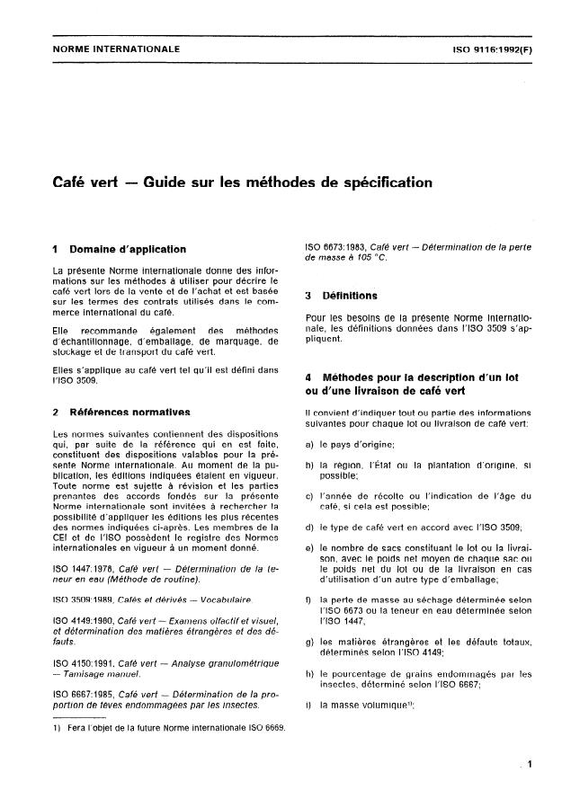 ISO 9116:1992 - Café vert -- Guide sur les méthodes de spécification