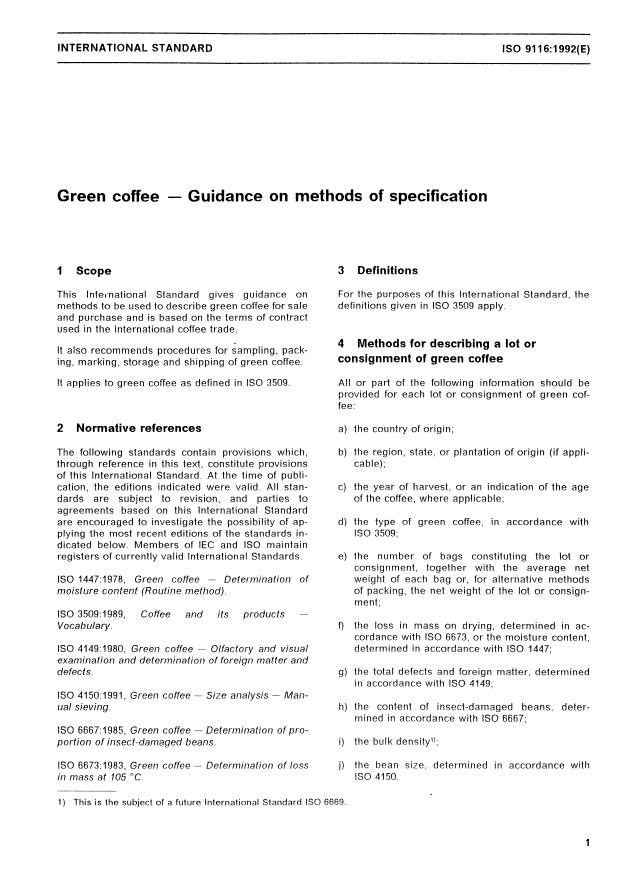 ISO 9116:1992 - Green coffee -- Guidance on methods of specification