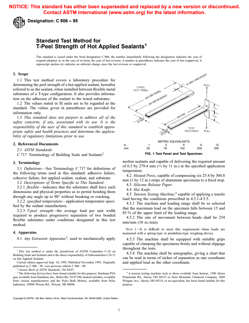 ASTM C906-95 - Standard Test Method for T-Peel Strength of Hot Applied Sealants