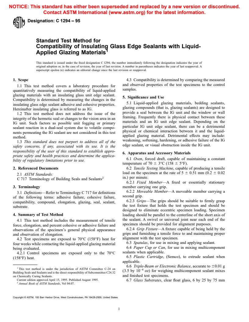 ASTM C1294-95 - Standard Test Method for Compatibility of Insulating Glass Edge Sealants with Liquid-Applied Glazing Materials