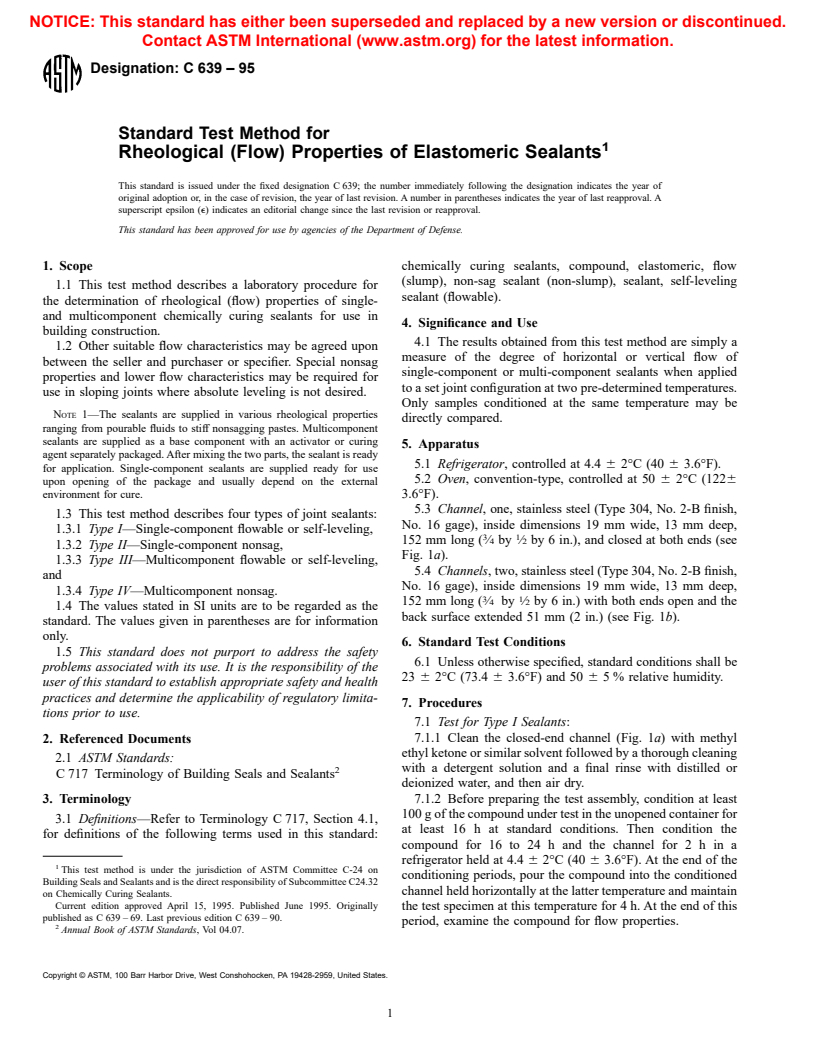 ASTM C639-95 - Standard Test Method for Rheological (Flow) Properties of Elastomeric Sealants