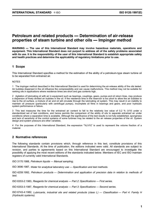 ISO 9120:1997 - Petroleum and related products -- Determination of air-release properties of steam turbine and other oils -- Impinger method
