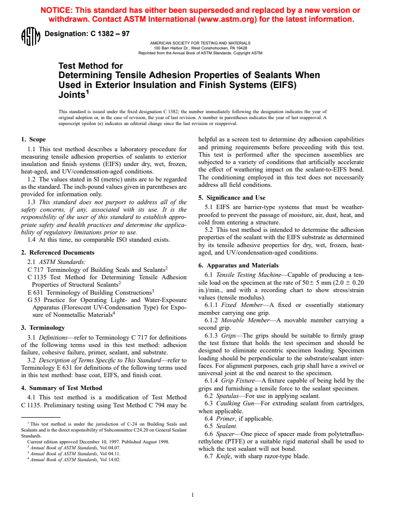 ASTM C1382-97 - Test Method for Determining Tensile Adhesion Properties of Sealants When Used in Exterior Insulation and Finish Systems (EIFS) Joints