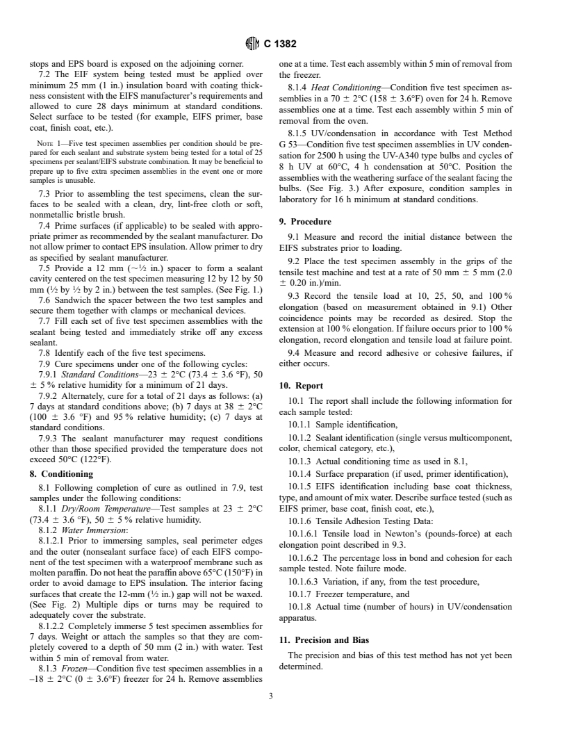 ASTM C1382-97 - Test Method for Determining Tensile Adhesion Properties of Sealants When Used in Exterior Insulation and Finish Systems (EIFS) Joints