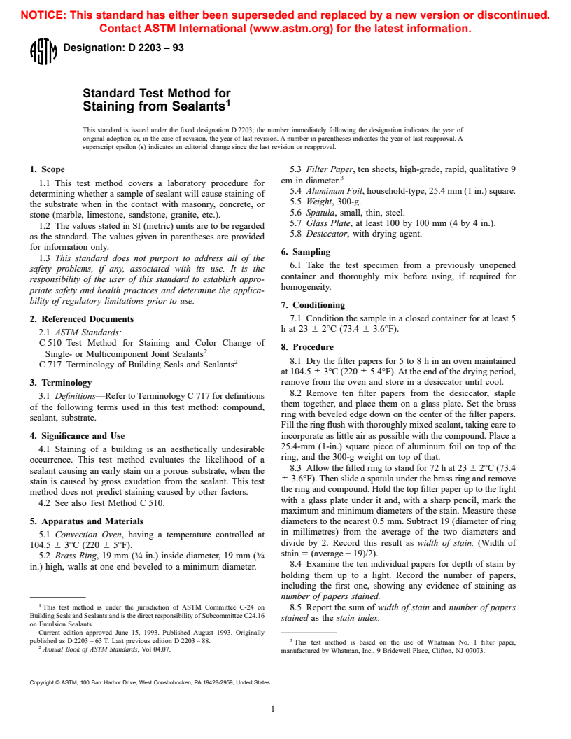 ASTM D2203-93 - Standard Test Method for Staining from Sealants