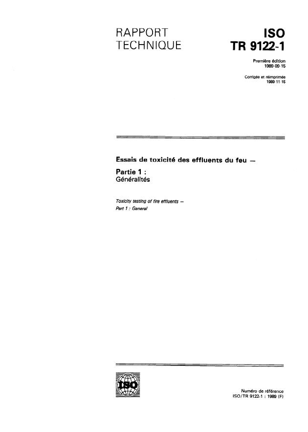 ISO/TR 9122-1:1989 - Essais de toxicité des effluents du feu