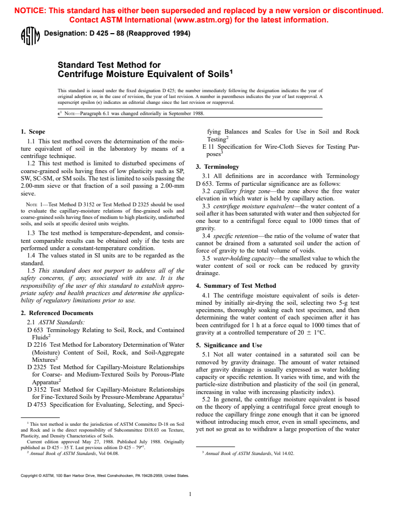 ASTM D425-88(1994) - Standard Test Method for Centrifuge Moisture Equivalent of Soils