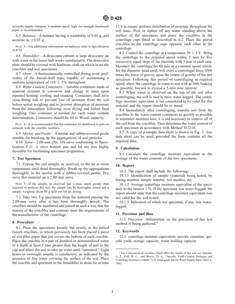 ASTM D425-88(1994) - Standard Test Method for Centrifuge Moisture Equivalent of Soils