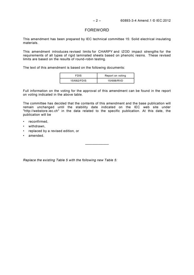 IEC 60893-3-4:2003/AMD1:2012 IEC 60893-3-4:2003/AMD1:2012 - Amendment 1 - Insulating materials - Industrial rigid laminated sheets based on thermosetting resins for electrical purposes - Part 3-4: Specifications for individual materials - Requirements for rigid laminated sheets based on phenolic resins - Page 4 preview
