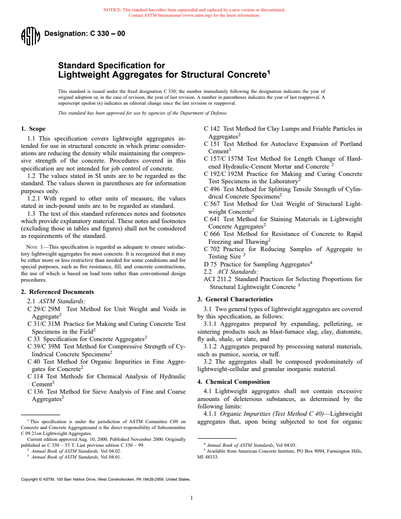 ASTM C330-00 - Standard Specification for Lightweight Aggregates for Structural Concrete