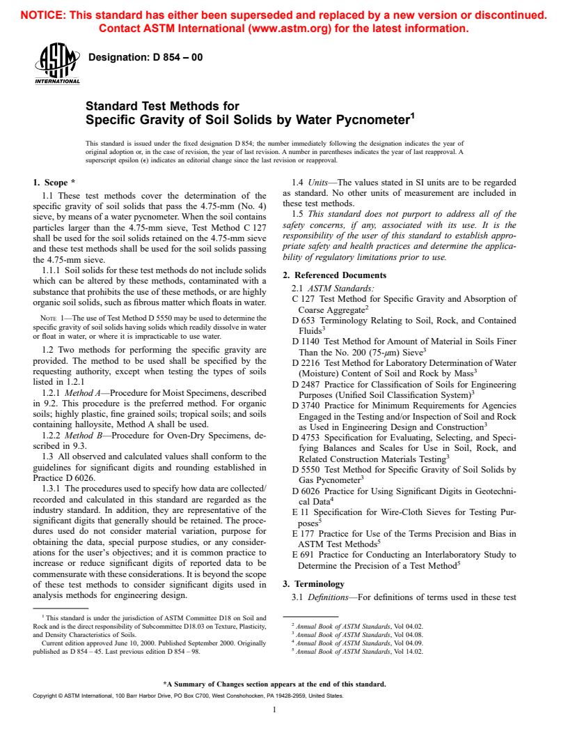 ASTM D854-00 - Standard Test Methods for Specific Gravity of Soil Solids by Water Pycnometer