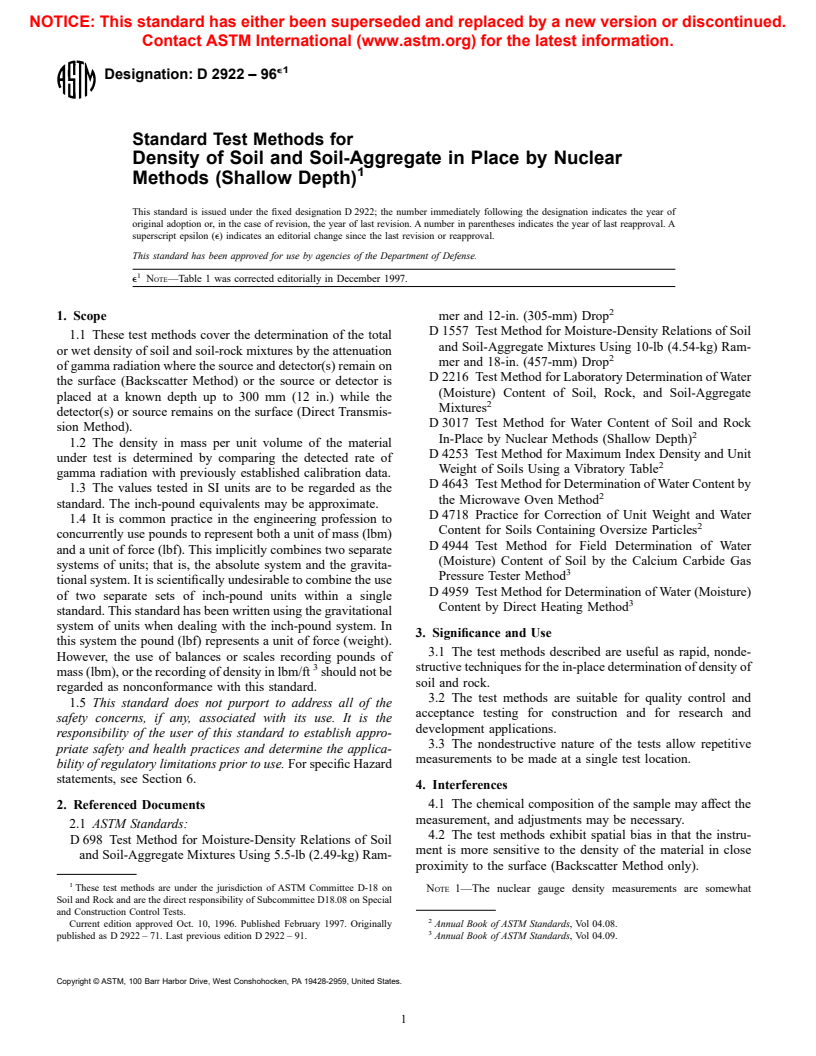 ASTM D2922-96e1 - Standard Test Methods for Density of Soil and Soil-Aggregate in Place by Nuclear Methods (Shallow Depth)