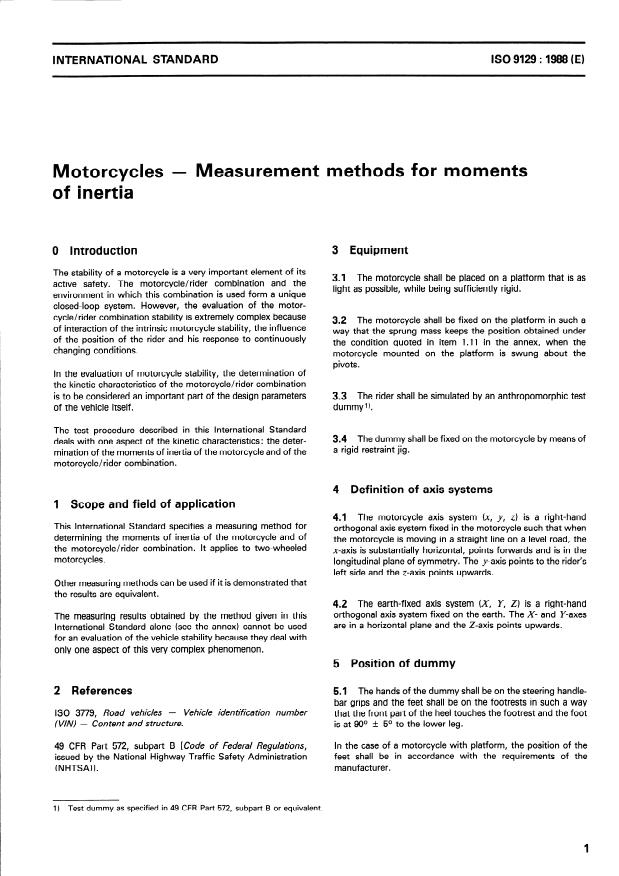 ISO 9129:1988 - Motorcycles -- Measurement methods for moments of inertia