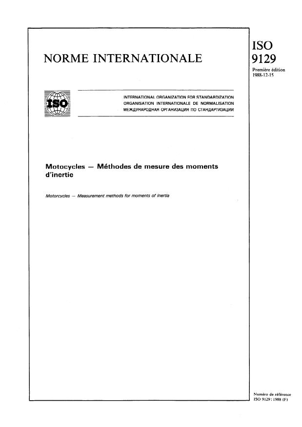 ISO 9129:1988 - Motocycles -- Méthodes de mesure des moments d'inertie