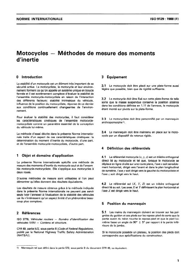 ISO 9129:1988 - Motocycles -- Méthodes de mesure des moments d'inertie