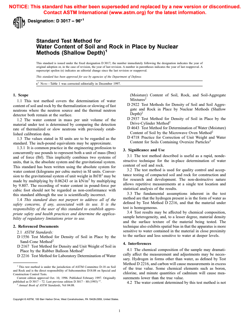 ASTM D3017-96e1 - Standard Test Method for Water Content of Soil and Rock in Place by Nuclear Methods (Shallow Depth)