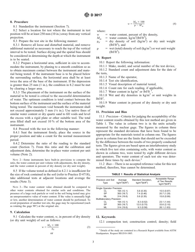 ASTM D3017-96e1 - Standard Test Method for Water Content of Soil and Rock in Place by Nuclear Methods (Shallow Depth)