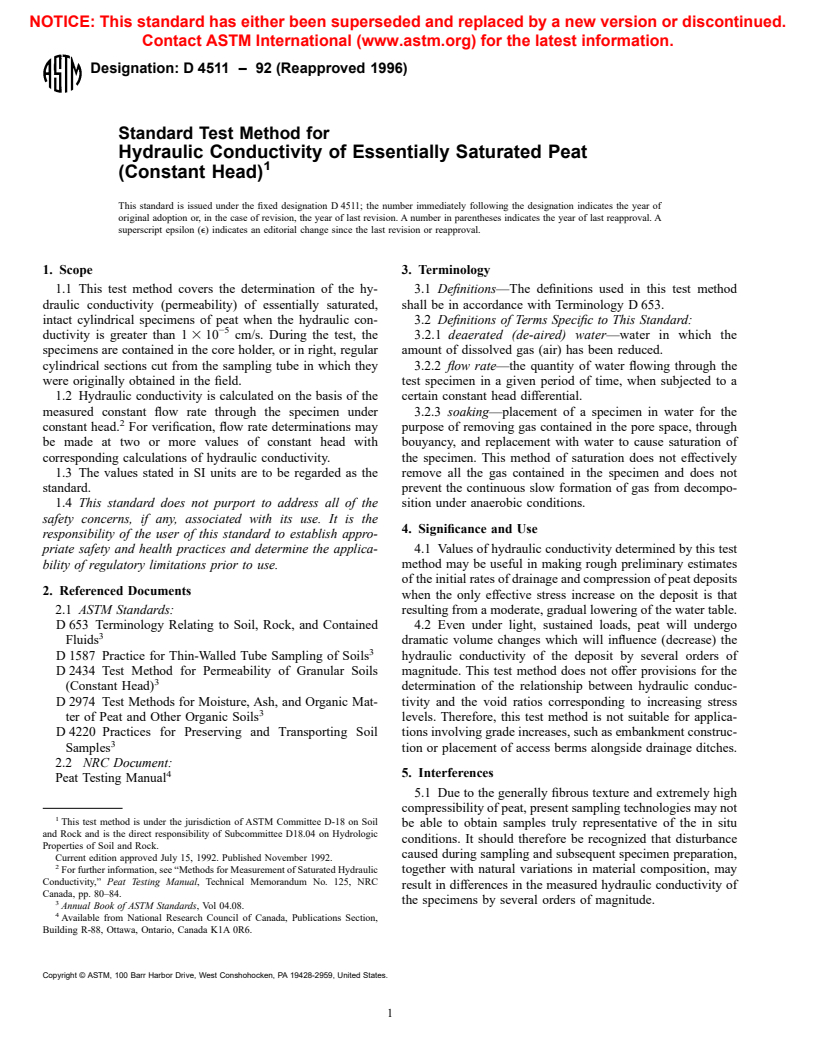 ASTM D4511-92(1996) - Standard Test Method for Hydraulic Conductivity of Essentially Saturated Peat