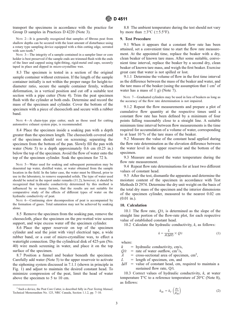 ASTM D4511-92(1996) - Standard Test Method for Hydraulic Conductivity of Essentially Saturated Peat