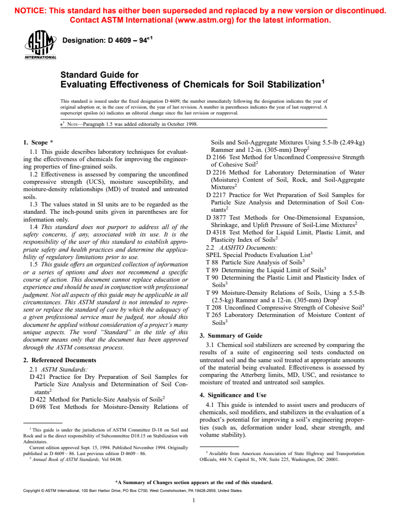 ASTM D4609-94e1 - Standard Guide for Evaluating Effectiveness of Chemicals for Soil Stabilization