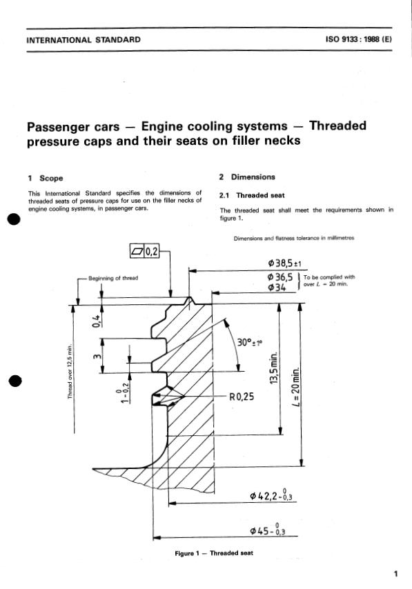ISO 9133:1988 - Passenger cars -- Engine cooling systems -- Threaded pressure caps and their seats on filler necks