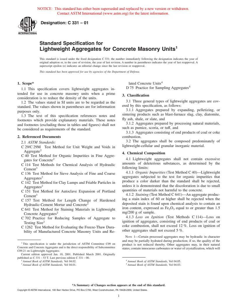 ASTM C331-01 - Standard Specification for Lightweight Aggregates for Concrete Masonry Units