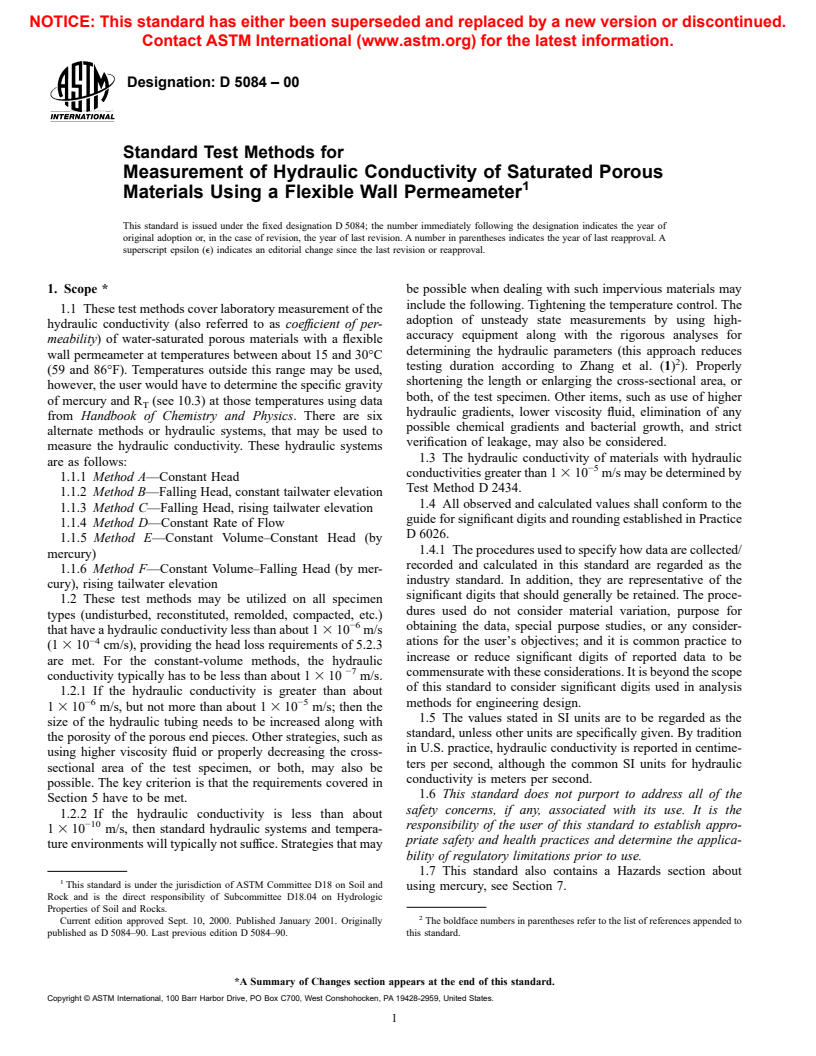 ASTM D5084-00 - Standard Test Methods for Measurement of Hydraulic Conductivity of Saturated Porous Materials Using a Flexible Wall Permeameter