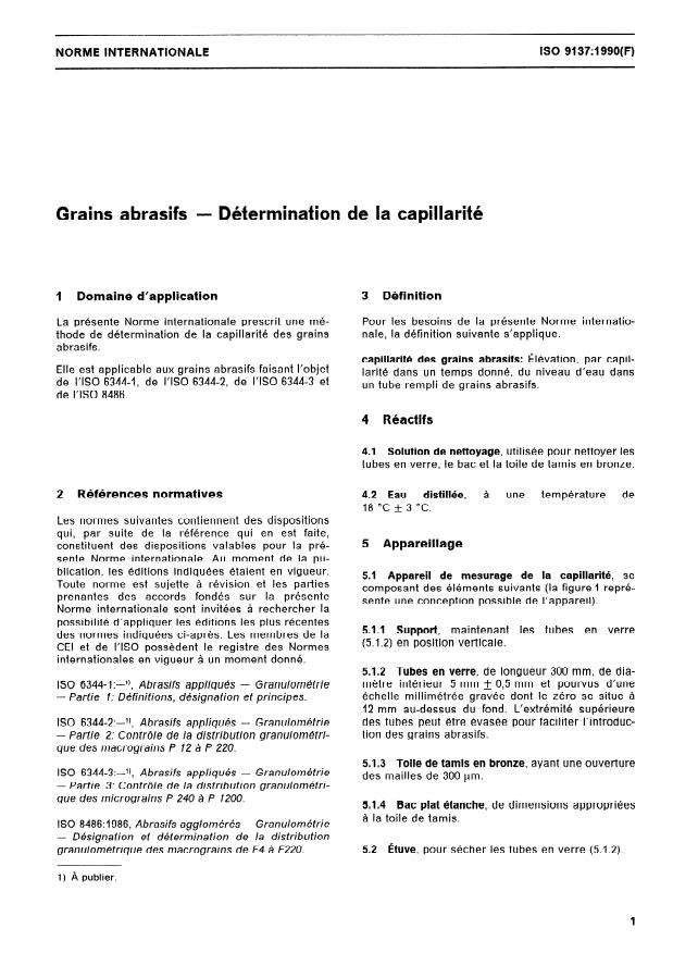 ISO 9137:1990 - Grains abrasifs -- Détermination de la capillarité