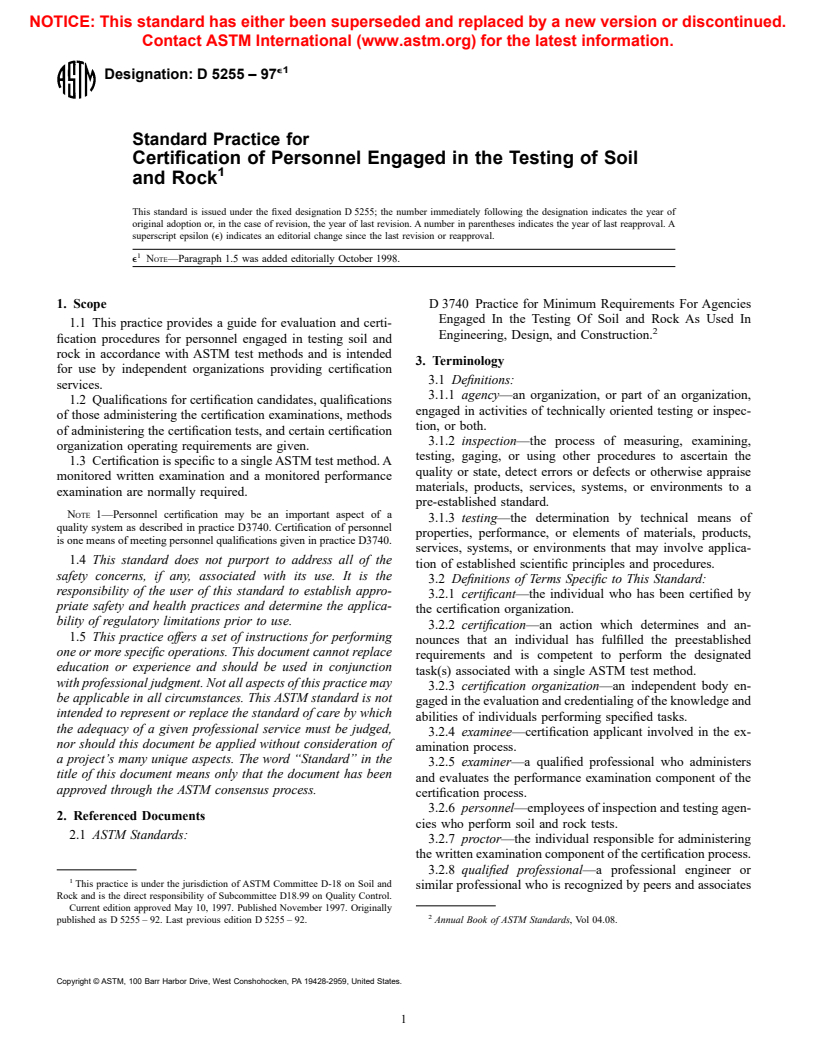 ASTM D5255-97e1 - Standard Practice for Certification of Personnel Engaged in the Testing of Soil and Rock