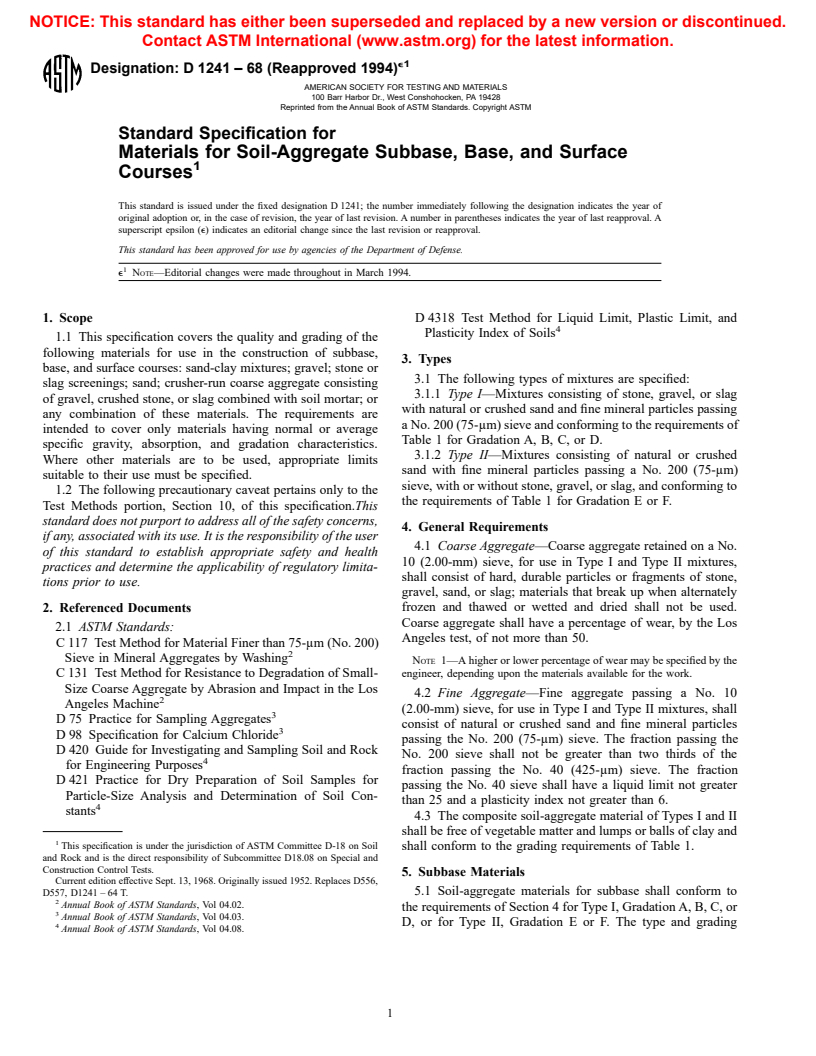 ASTM D1241-68(1994)e1 - Standard Specification for Materials for Soil-Aggregate Subbase, Base, and Surface Courses