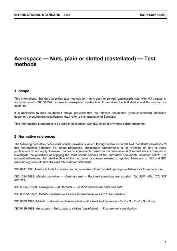 ISO 9140:1998 - Aerospace -- Nuts, plain or slotted (castellated) -- Test methods