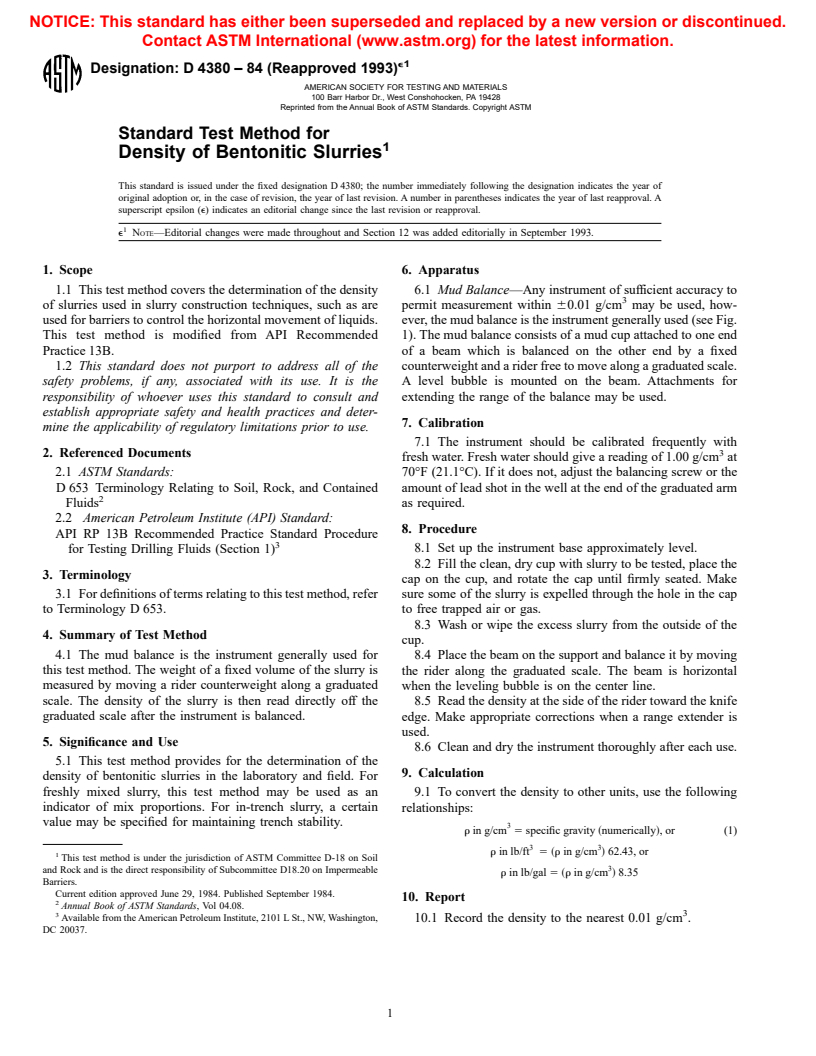 ASTM D4380-84(1993)e1 - Standard Test Method for Density of Bentonitic Slurries