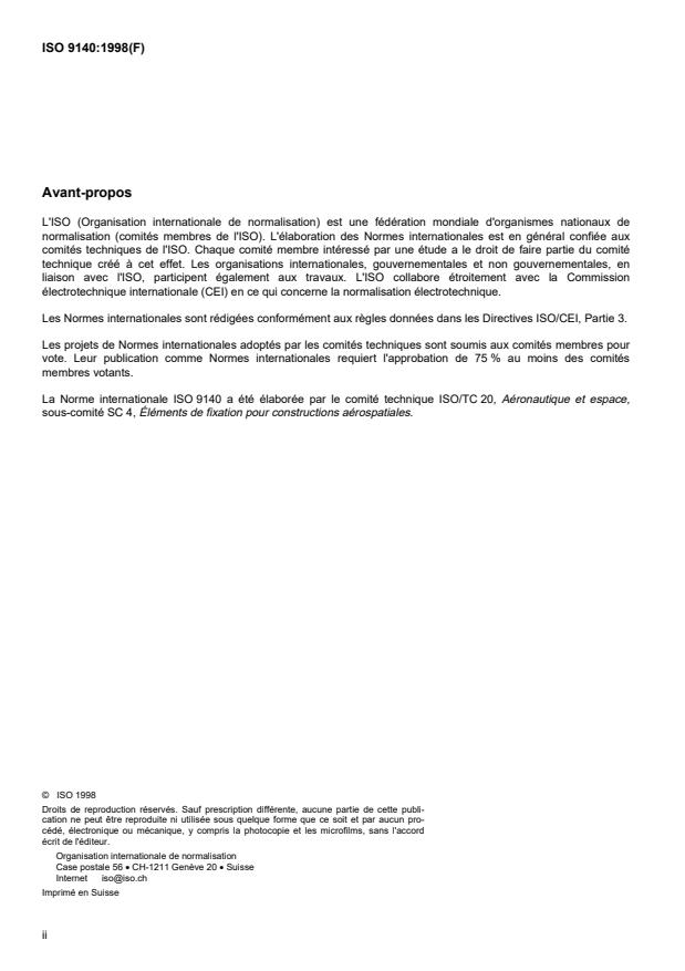 ISO 9140:1998 ISO 9140:1998 - Aéronautique et espace -- Écrous ordinaires ou a créneaux -- Méthodes de contrôle et d'essai - Page 2 preview