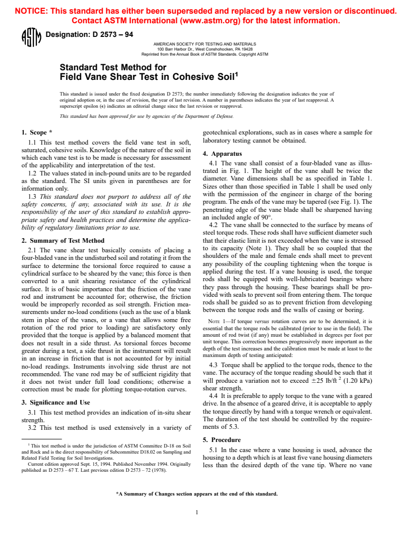 ASTM D2573-94 - Standard Test Method for Field Vane Shear Test in Cohesive Soil