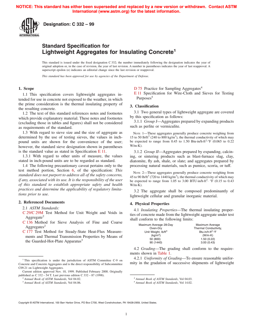 ASTM C332-99 - Standard Specification for Lightweight Aggregates for Insulating Concrete