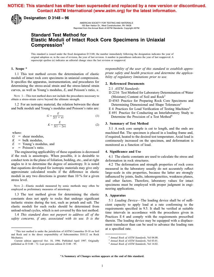 ASTM D3148-96 - Standard Test Method for Elastic Moduli of Intact Rock Core Specimens in Uniaxial Compression