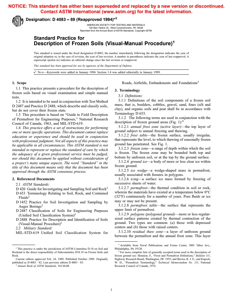 ASTM D4083-89(1994)e2 - Standard Practice for Description of Frozen Soils (Visual-Manual Procedure)