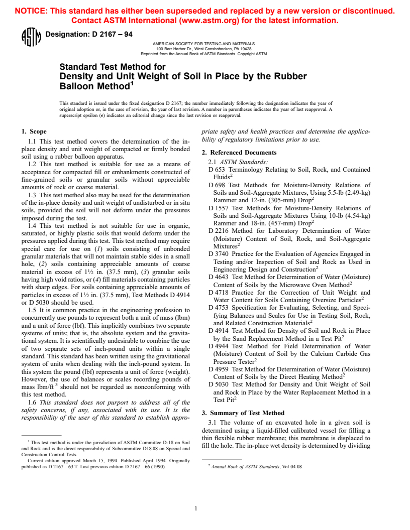 ASTM D2167-94 - Standard Test Method for Density and Unit Weight of Soil in Place by the Rubber Balloon Method