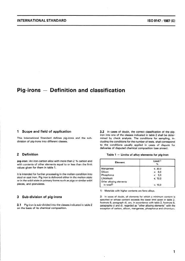 ISO 9147:1987 - Pig-irons -- Definition and classification