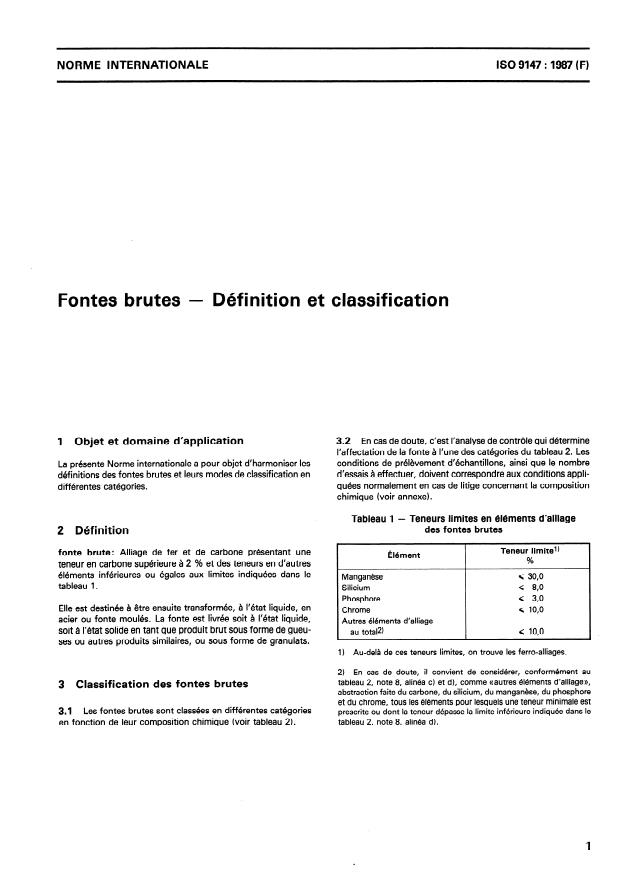 ISO 9147:1987 - Fontes brutes -- Définition et classification